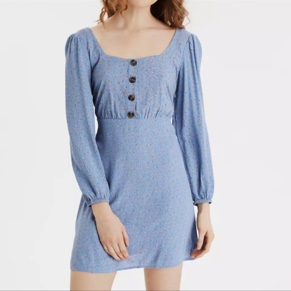 American Eagle Outfitters Blue Ditzy Floral Long Sleeve Boho Prairie Mini Dress - Picture 1 of 16